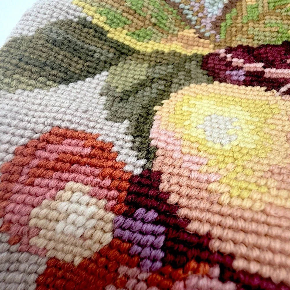 Vintage Needlepoint Pillow Tapestry Throw Pillow Floral Fruit Stitched